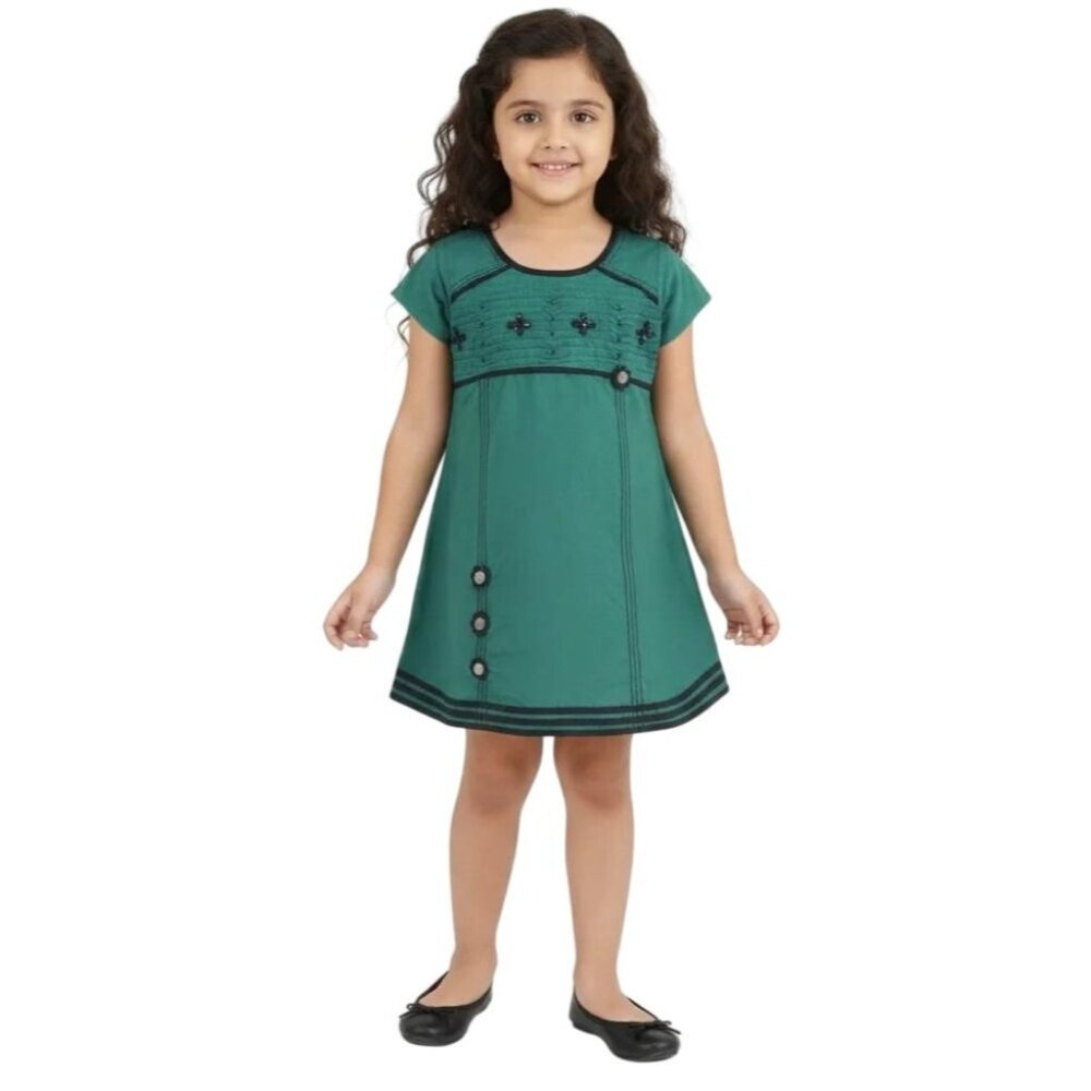 Little Girls Black Trim Beaded Green Mini Shift Dress Size Large